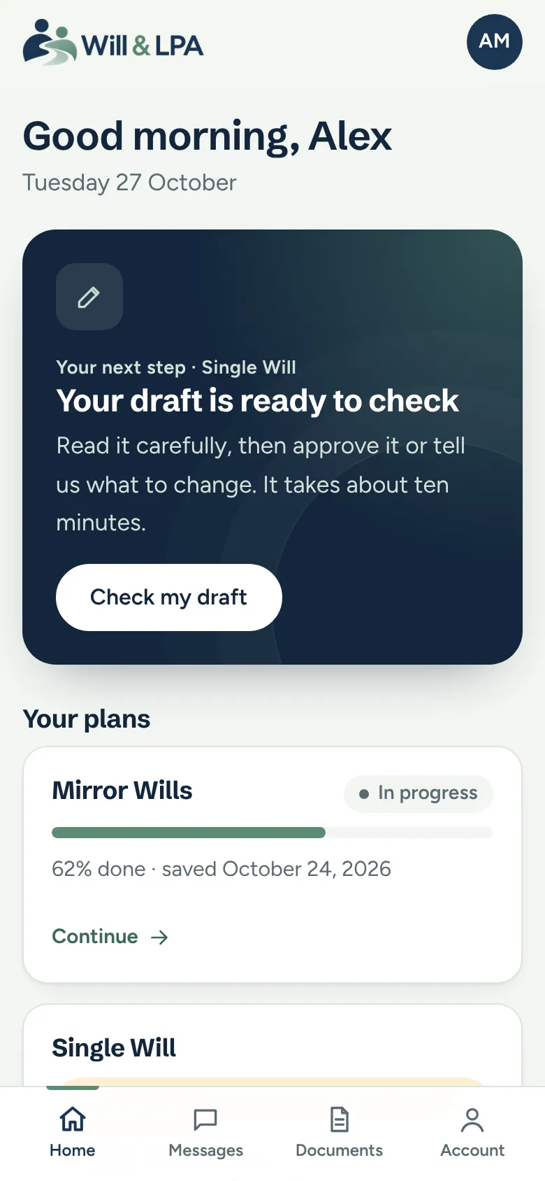An example client account on a phone, showing the progress of a Will and the next step