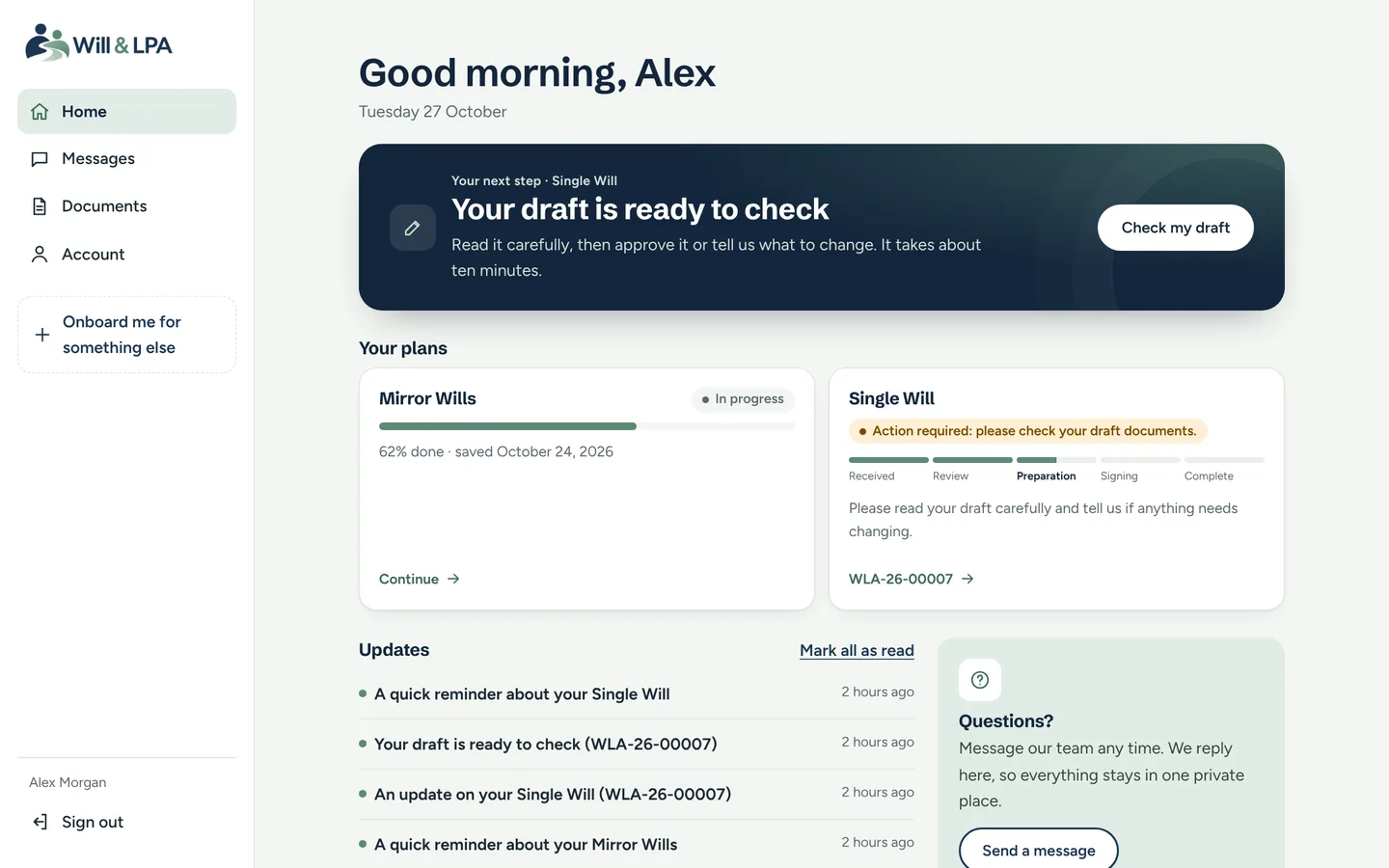 An example client account on a computer, showing the progress of a Will, the next step and recent updates